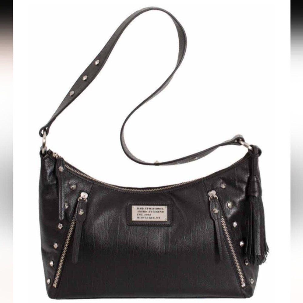 Harley Davidson Black Leather Hexagon Studded Shoulder Bag With Tassel
